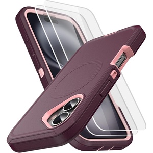 image:imageMXX for iPhone 16 Plus Case Heavy Duty 3Layer Rugged Cover with Tempered Glass Screen Protector Shockproof Dustproof AntiDrop Full Body Protection 67  PlumLight PinkPlumLight Pink